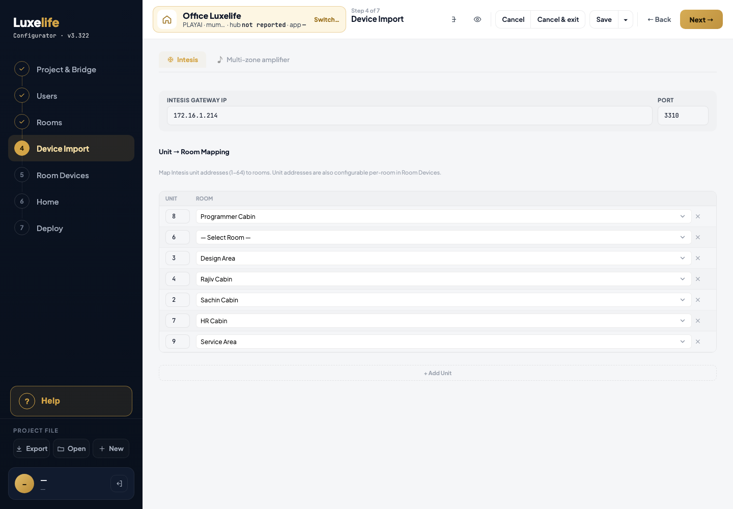 Device Import, Intesis tab